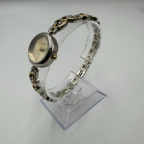 Heart Watch Women Silver Gold Two Tone  Rhinestone Band New Battery 7.5 Inch - Picture 5 of 14